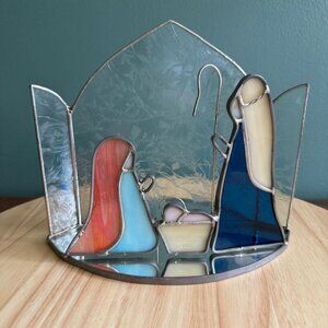 Vintage Handcrafted Stained Glass Nativity Scene Votive/Suncatcher Holy Family D